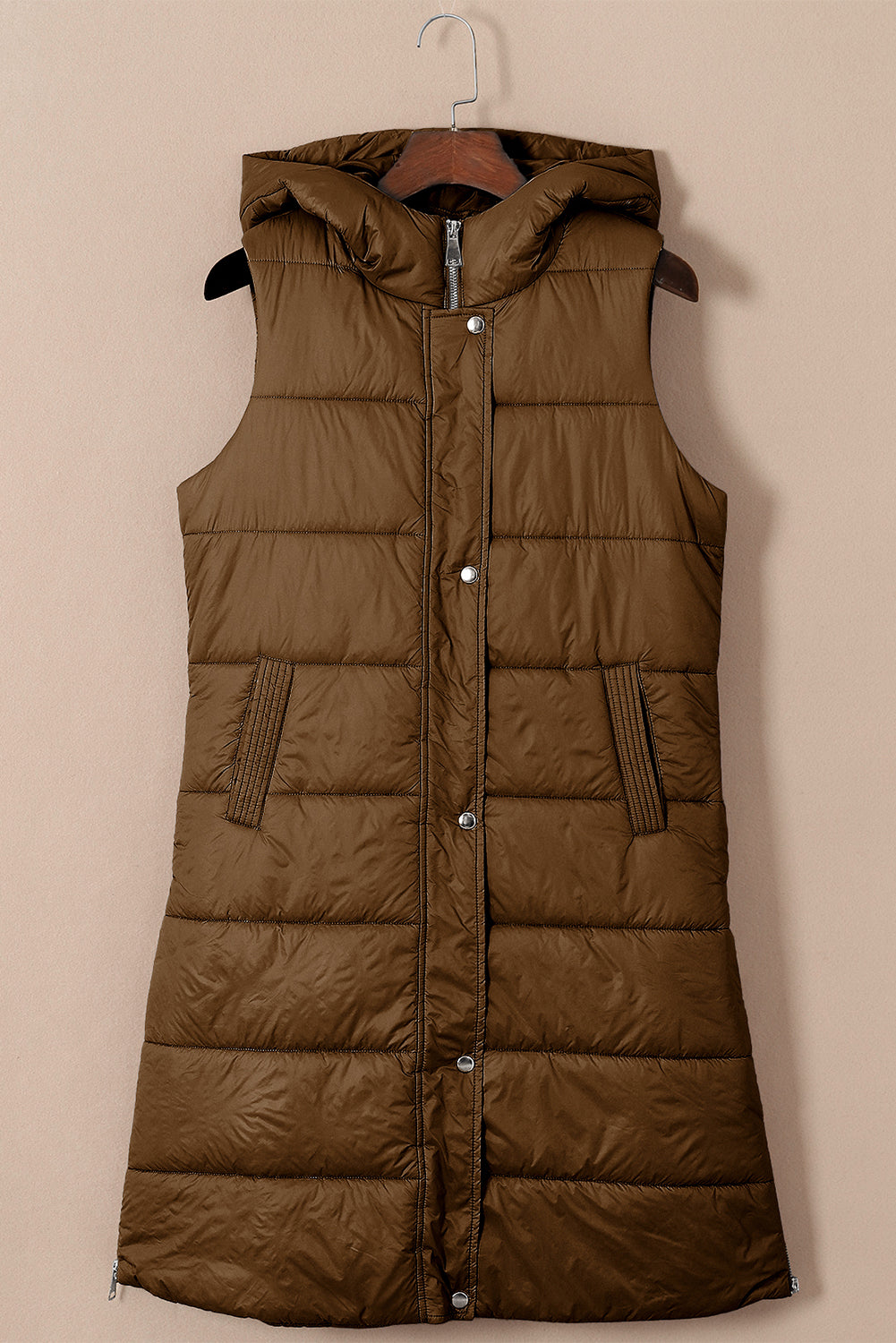 Dark Grey Hooded Long Quilted Vest Coat