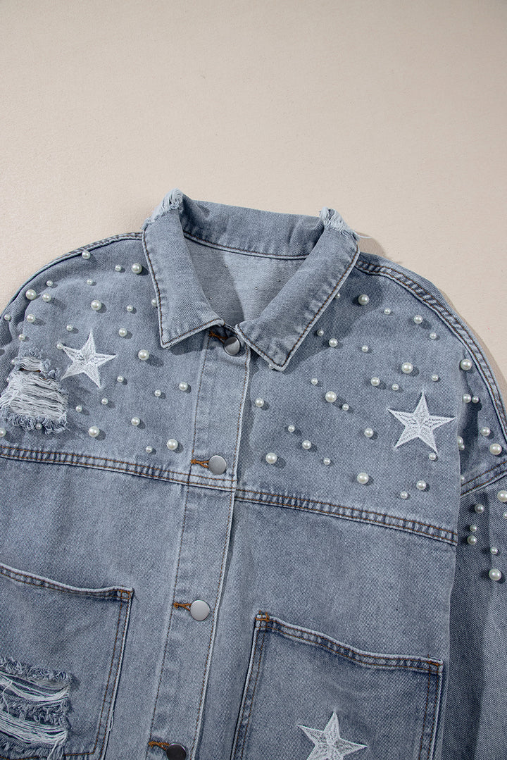 Black Distressed Pearls Star Cropped Denim Jacket