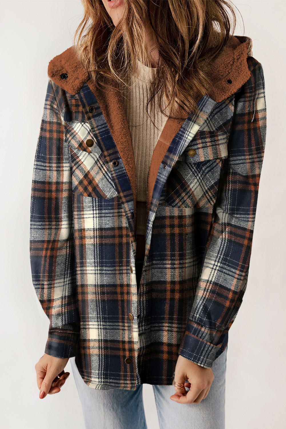 Blue Plaid Pattern Sherpa Lined Hooded Shacket