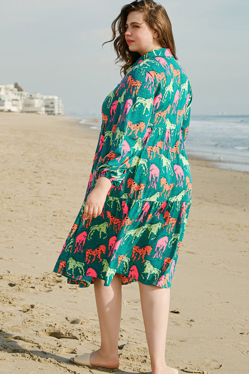 Green Horse Printed Long Sleeve Collared Buttoned Plus Size Midi Dress