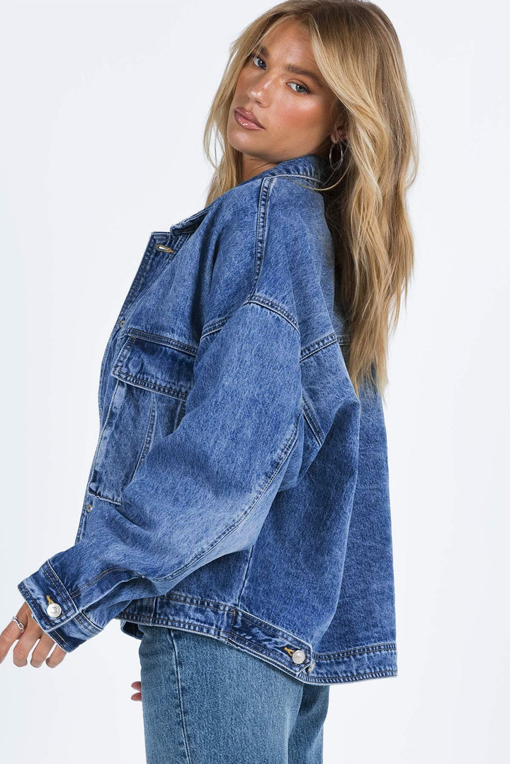 Gray Chest Pockets Drop Shoulder Loose Denim Jacket