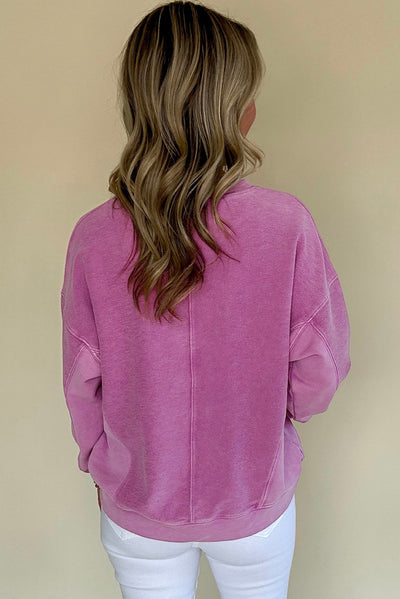 Bright Pink Solid Color Notched Neck Drop Shoulder Sweatshirt