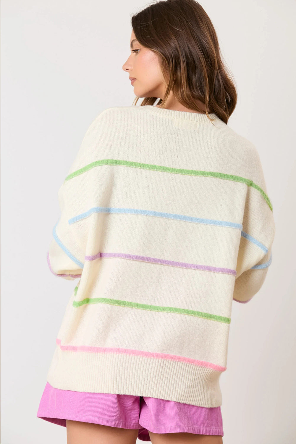 Pink Rainbow Stripes Drop Shoulder Baggy Henley Sweater