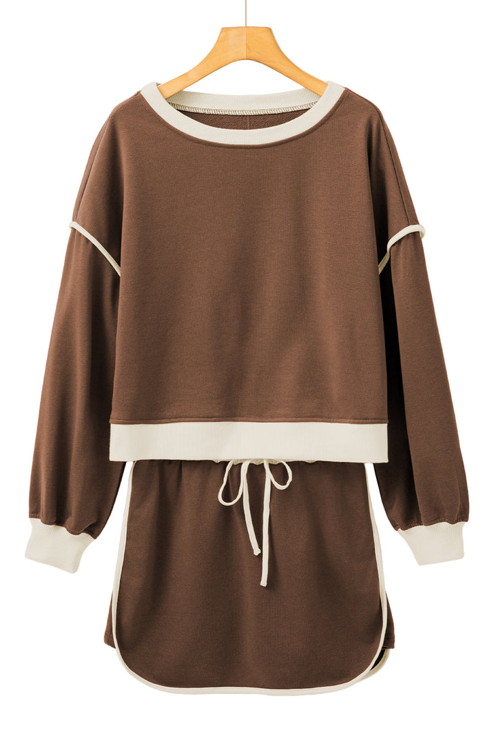 Coffee Color Contrast Loose Pullover and Lace-up Waist Skort Set