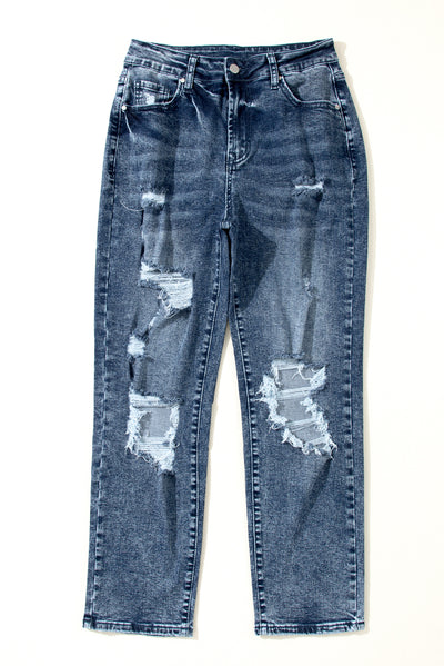 Sky Blue Light Wash Frayed Slim Fit High Waist Jeans