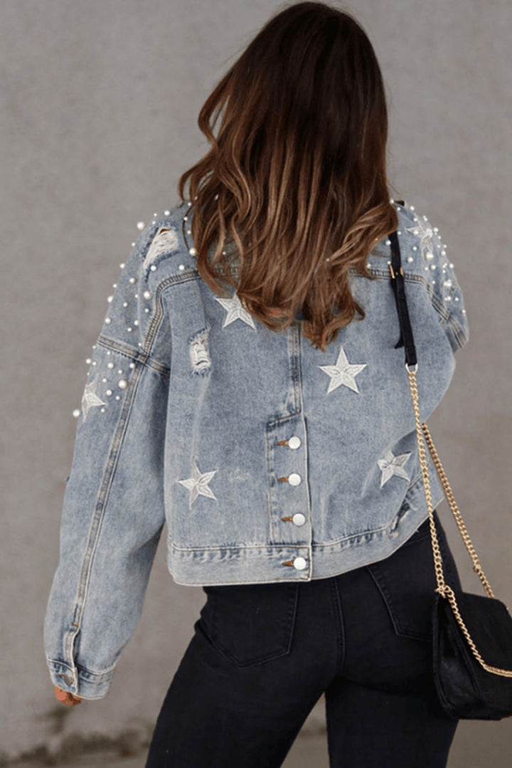 Black Distressed Pearls Star Cropped Denim Jacket