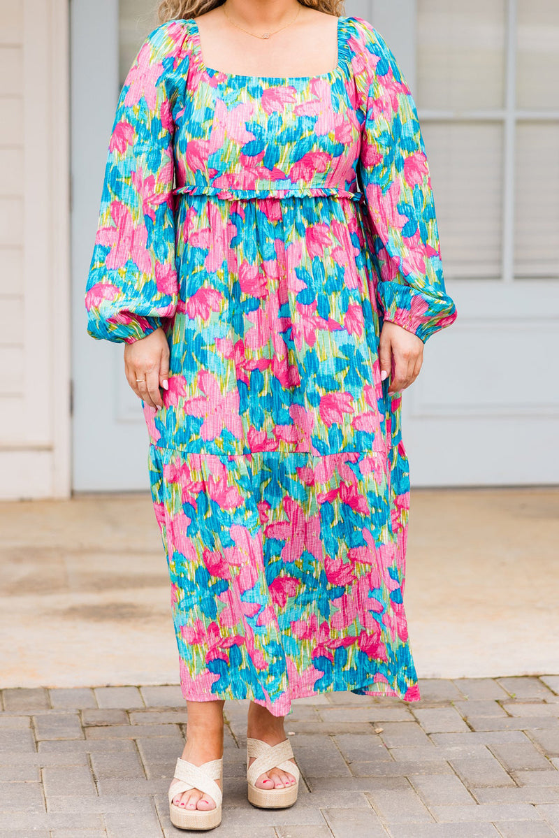 Sky Blue Floral Allover Print Shirred Square Neck Plus Size Maxi Dress