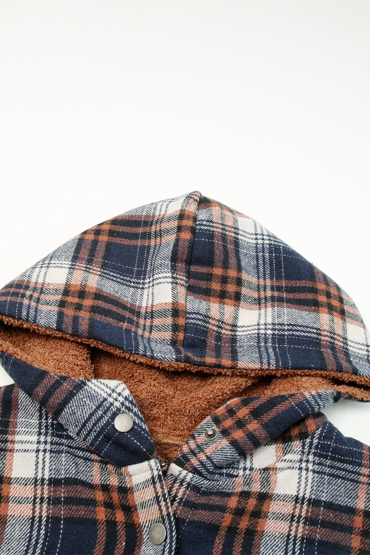 Blue Plaid Pattern Sherpa Lined Hooded Shacket