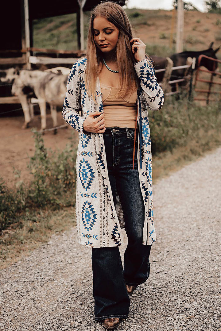 Brown Western Aztec Printed Open Front Long Cardigan