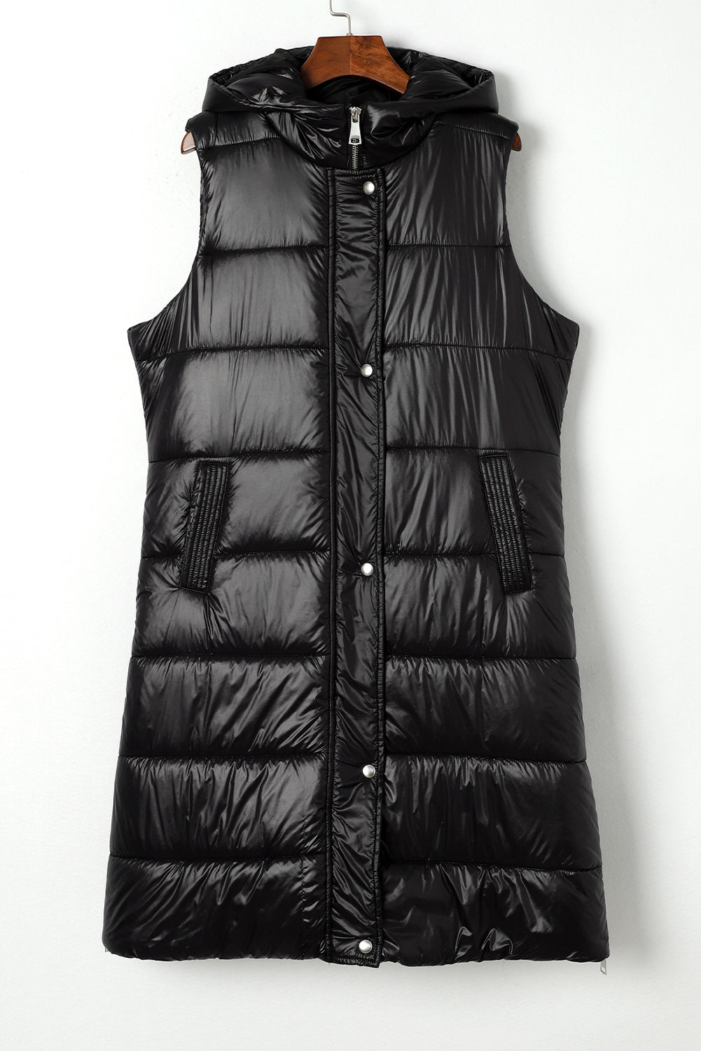 Dark Grey Hooded Long Quilted Vest Coat