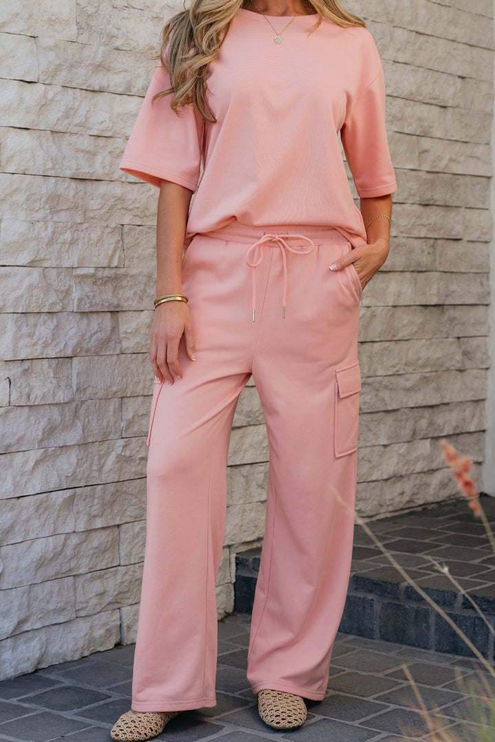 Apricot Pink Half Sleeve T-Shirt & Cargo Sweatpants Set