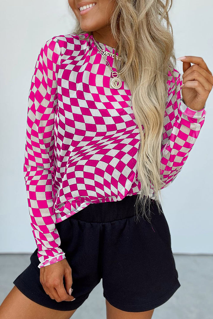 Black Checkered Pattern Mesh Mock Neck Long Sleeve Top