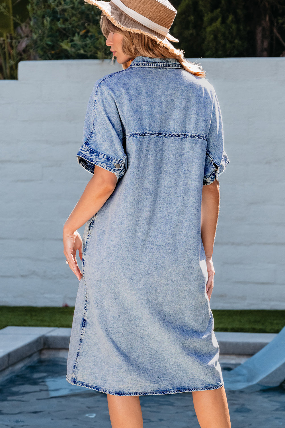 Light Blue Loose Medium Wash Short Sleeve Shirt Chambray Dress