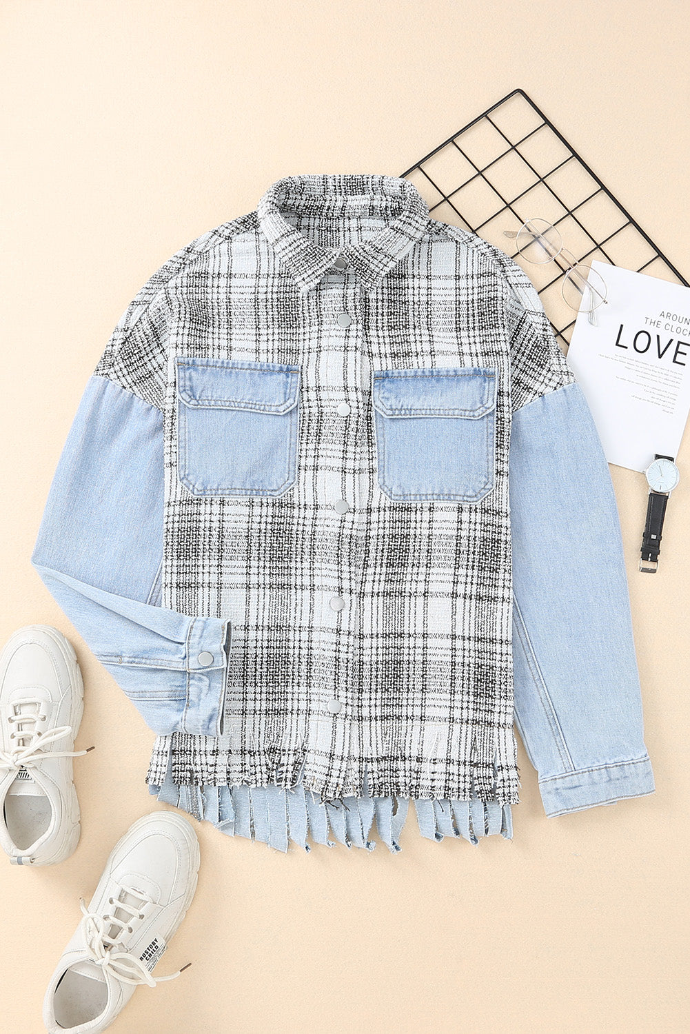 Sky Blue Plaid Patchwork Fringed Flap Pockets Denim Jacket