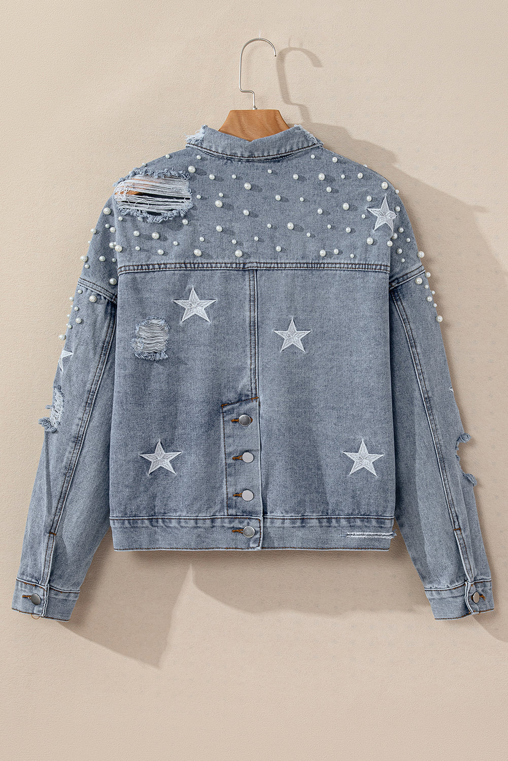 Black Distressed Pearls Star Cropped Denim Jacket