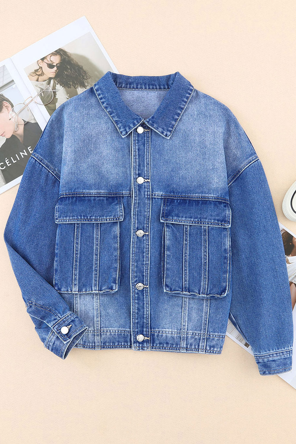 Gray Chest Pockets Drop Shoulder Loose Denim Jacket