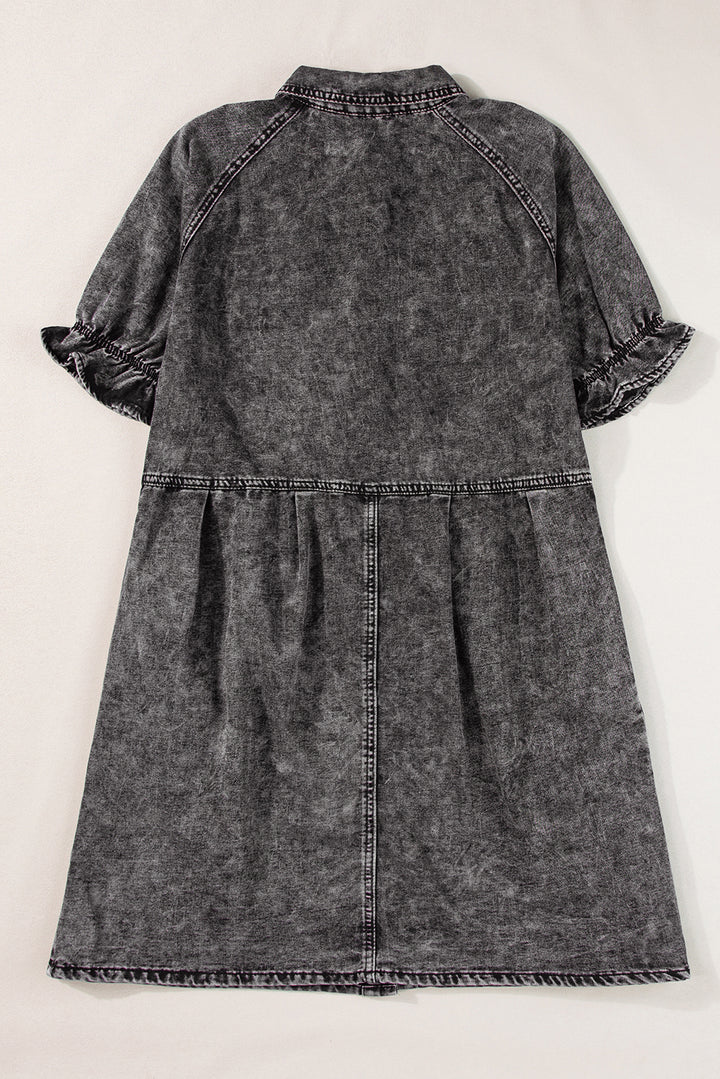 Medium Grey Mineral Wash Ruffled Short Sleeve Buttoned Denim Dress