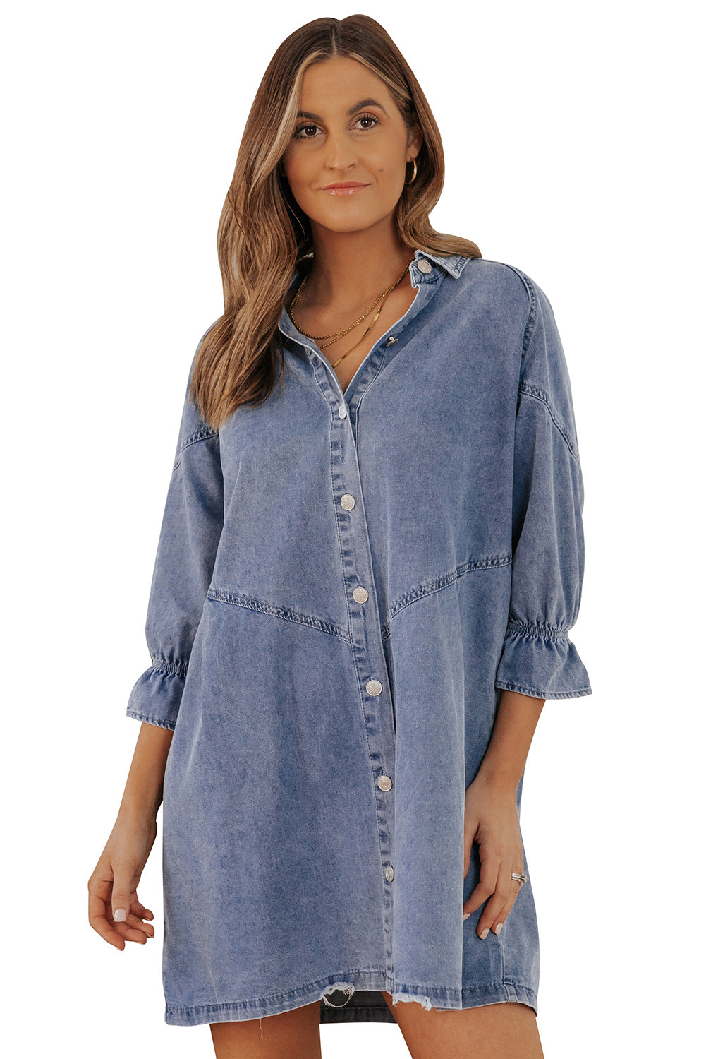 Gray Buttoned Long Sleeve Denim Mini Dress