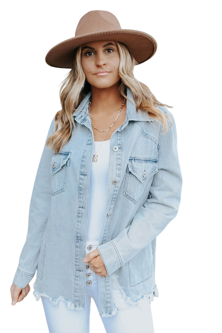 Sky Blue Flap Pocket Buttoned Raw Hem Denim Jacket