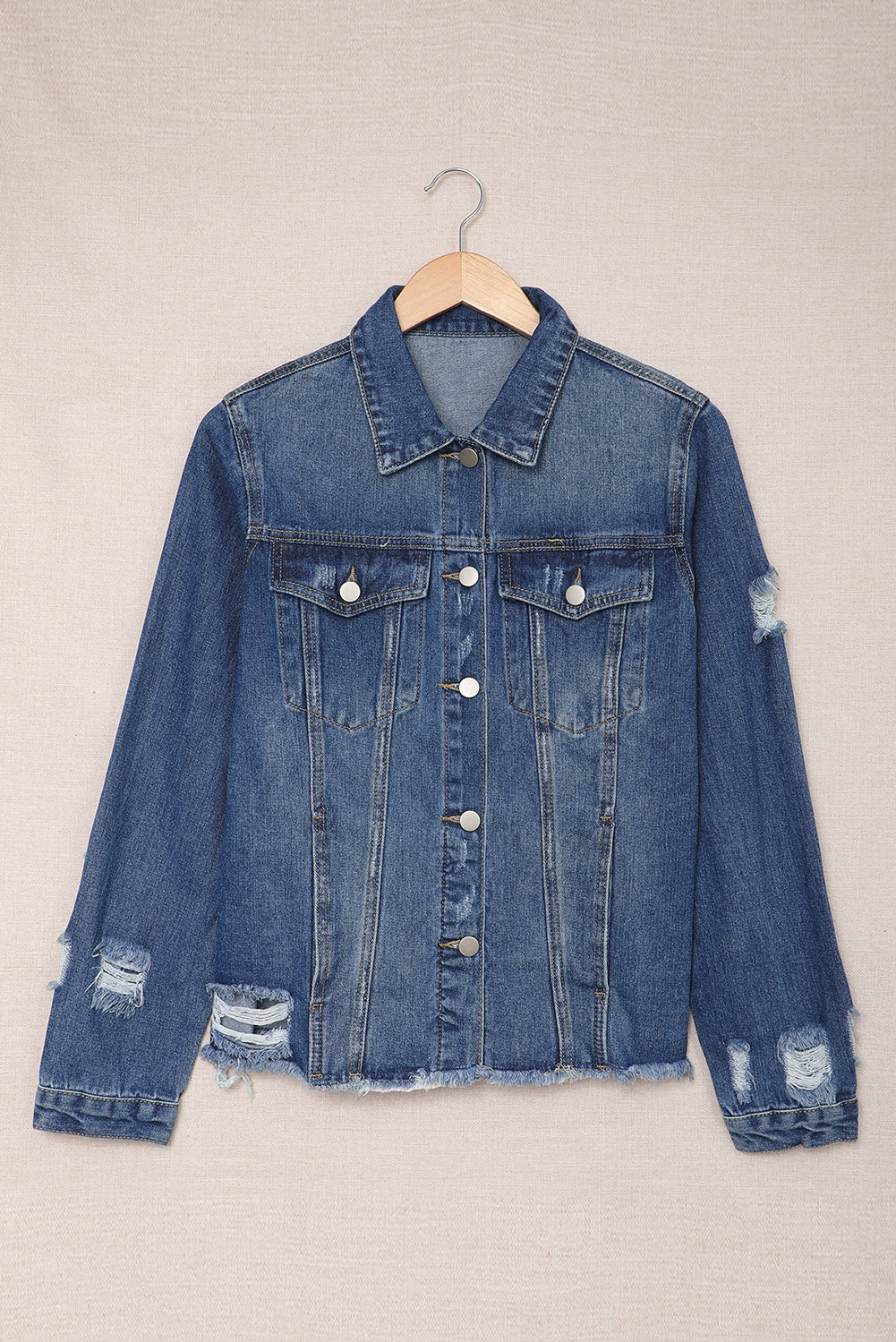 Blue Lapel Distressed Raw Hem Buttons Denim Jacket