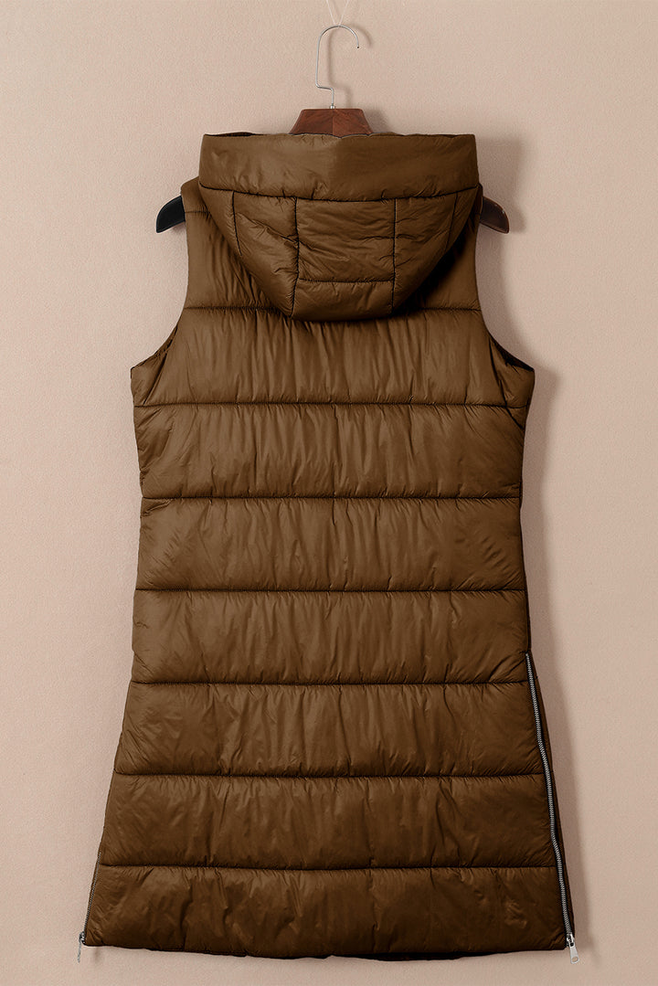 Dark Grey Hooded Long Quilted Vest Coat