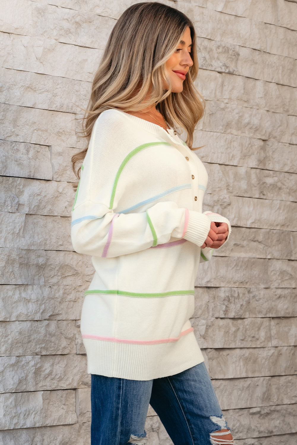 Pink Rainbow Stripes Drop Shoulder Baggy Henley Sweater