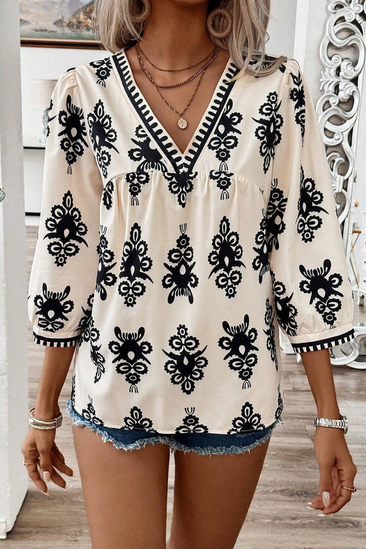 Black Vintage Geometric Printed 3/4 Sleeve V Neck Blouse