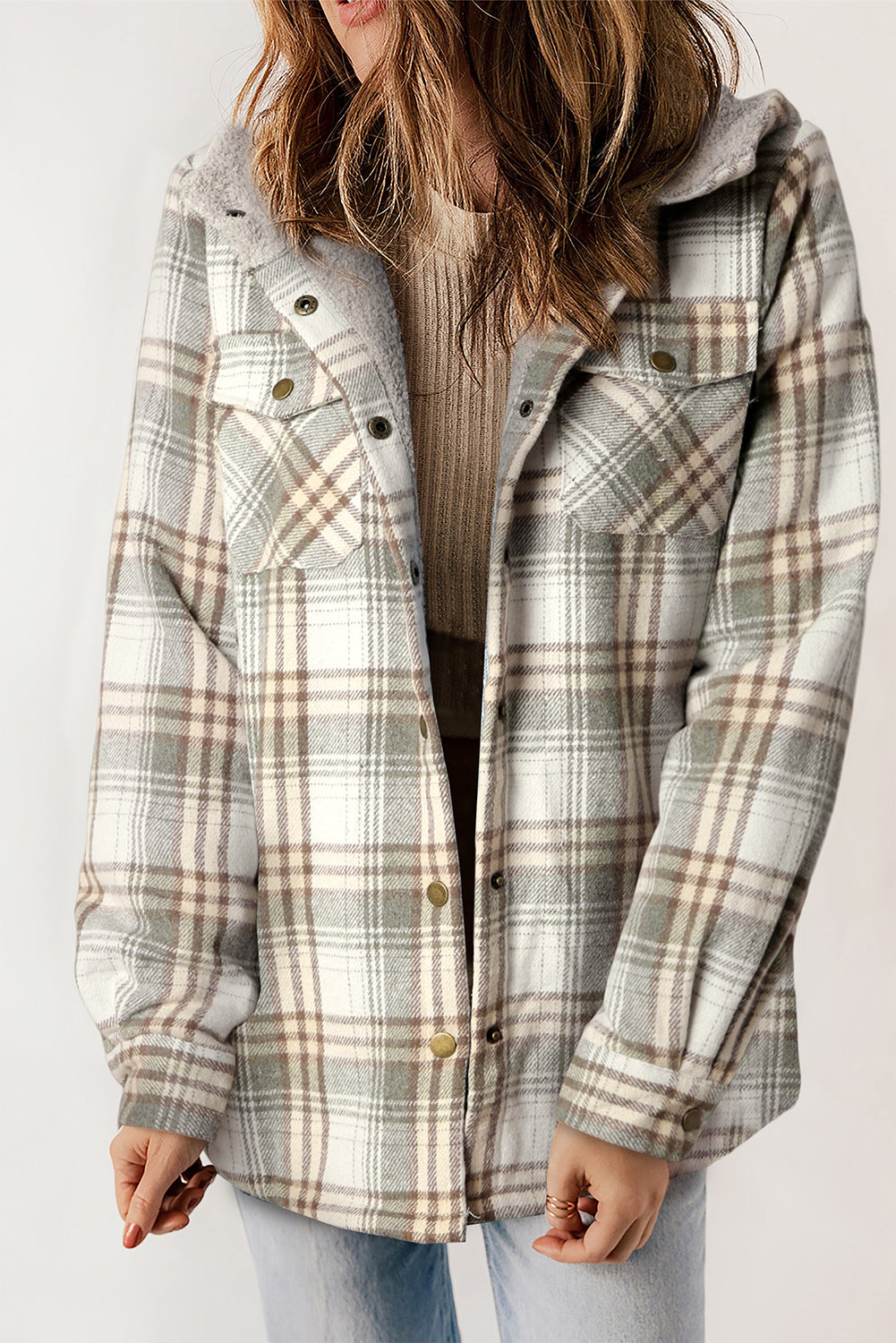 Blue Plaid Pattern Sherpa Lined Hooded Shacket