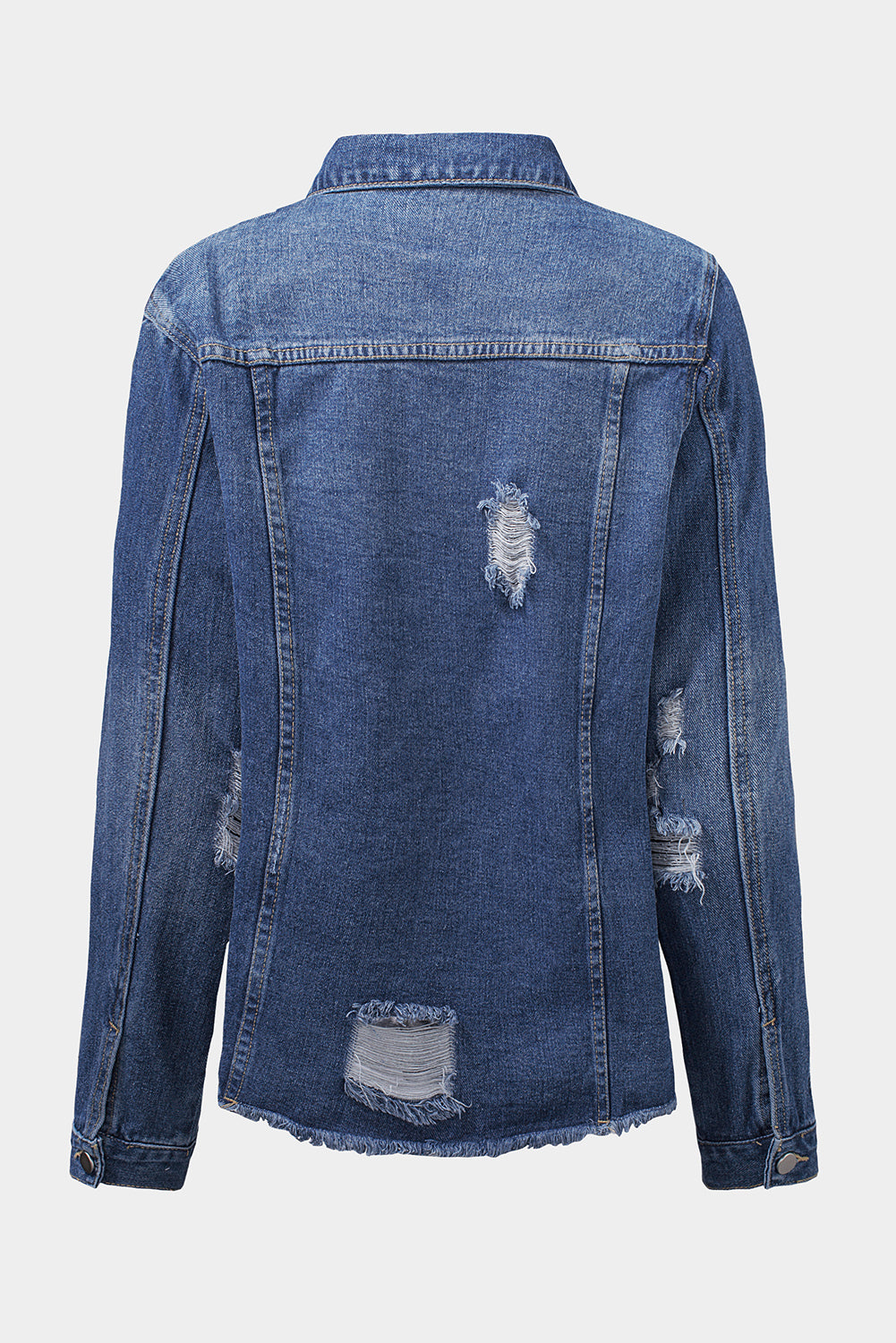 Blue Lapel Distressed Raw Hem Buttons Denim Jacket