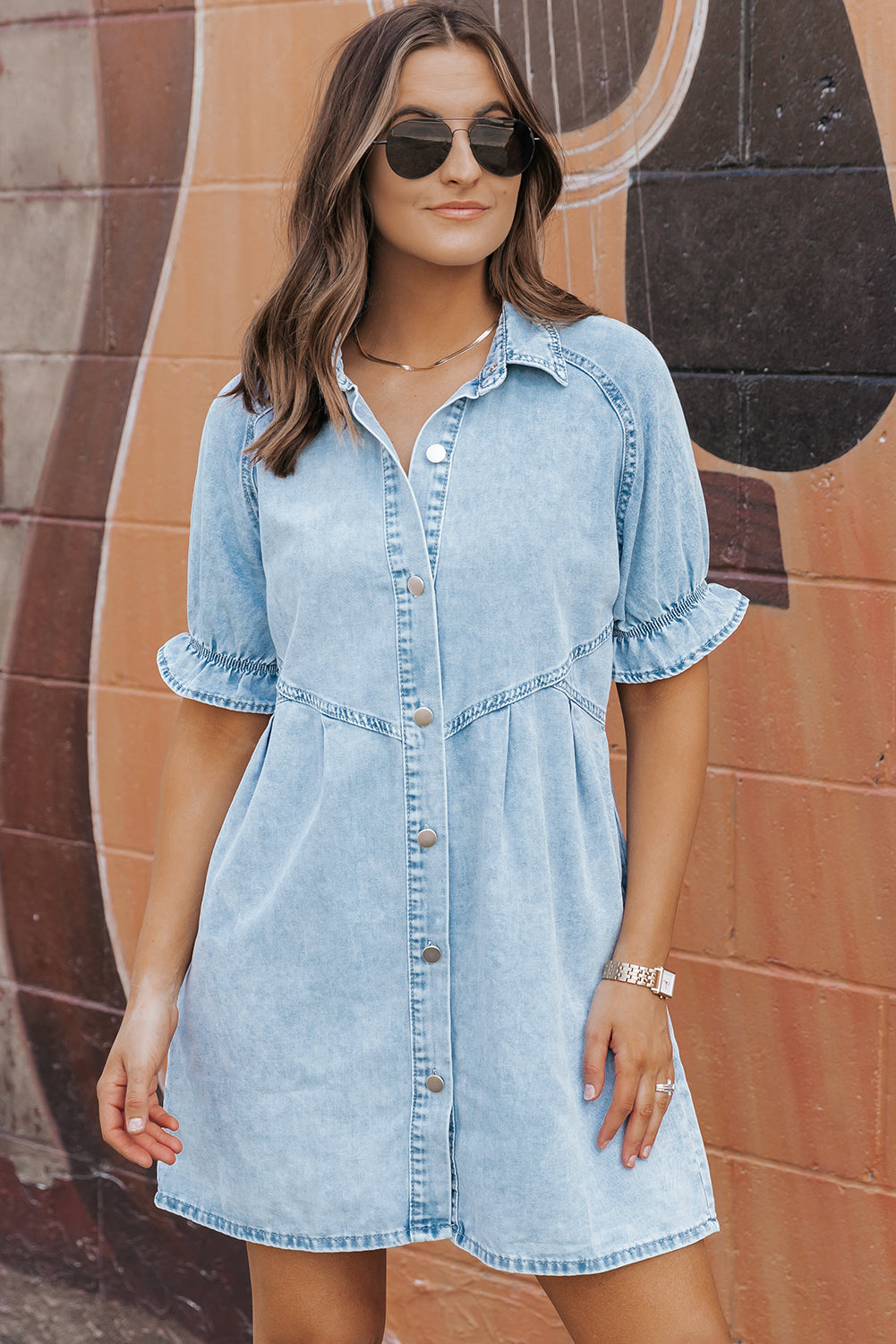 Medium Grey Mineral Wash Ruffled Short Sleeve Buttoned Denim Dress