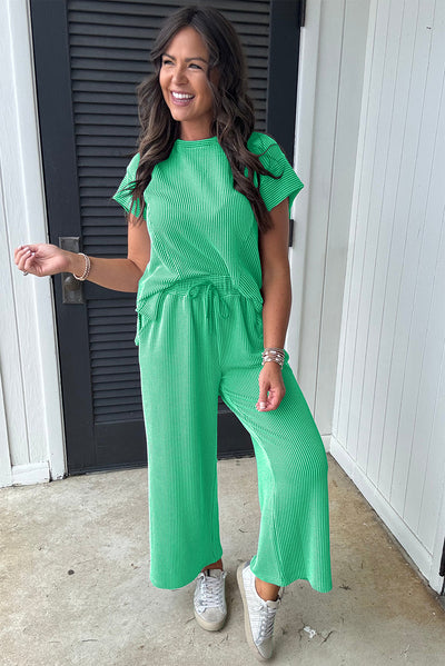 Wild Wind Solid Corded Knit Short Sleeve T Shirt and Wide Leg Pants Set