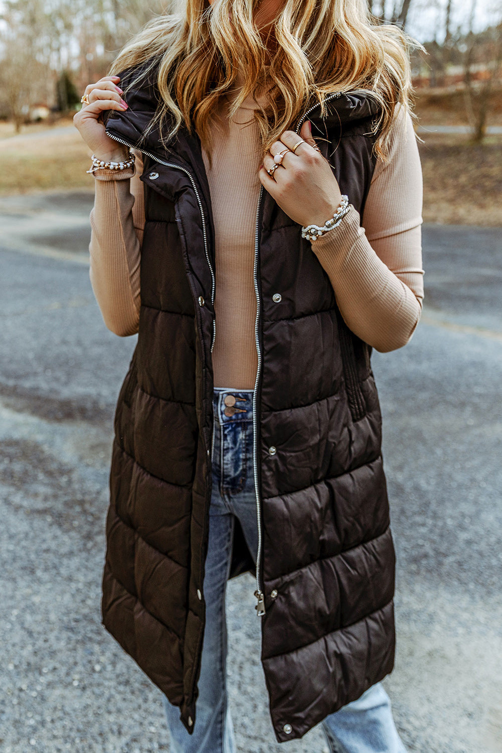 Dark Grey Hooded Long Quilted Vest Coat