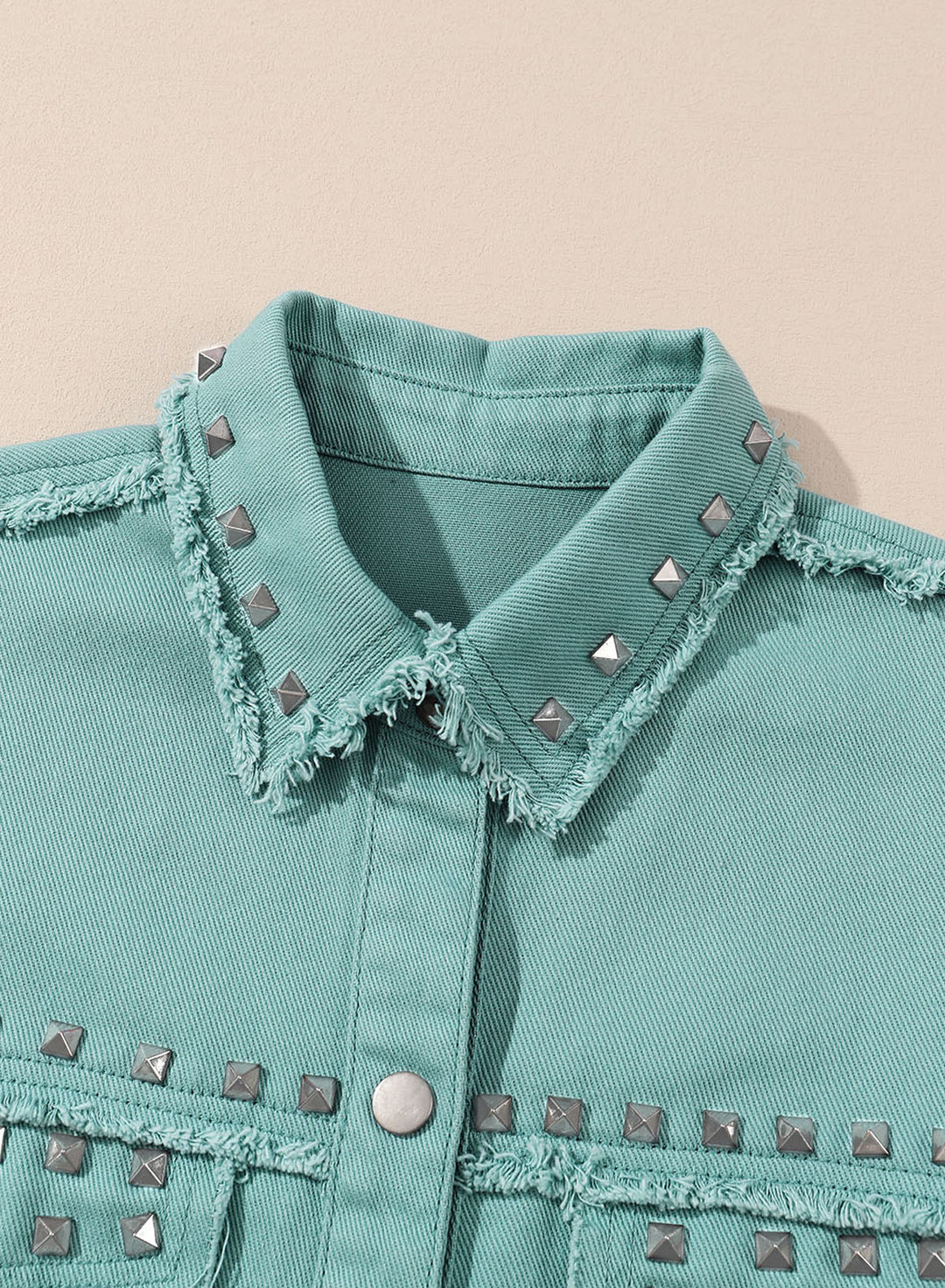 Mist Green Frayed Trim Riveted Denim Jacket