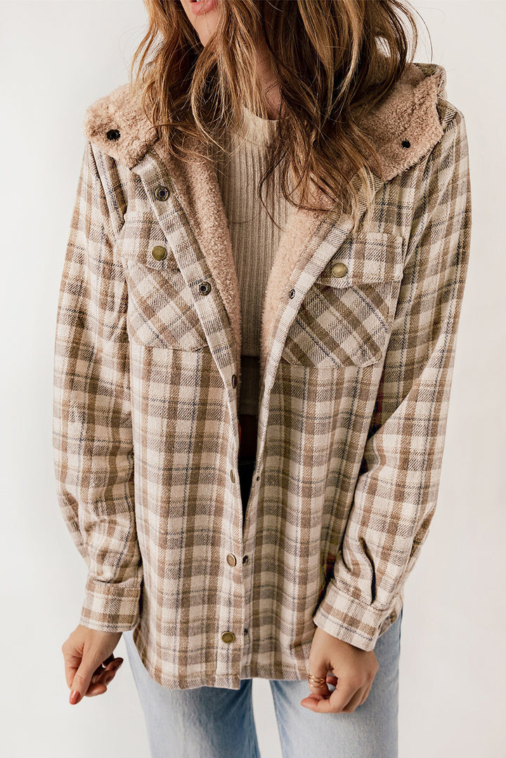 Blue Plaid Pattern Sherpa Lined Hooded Shacket