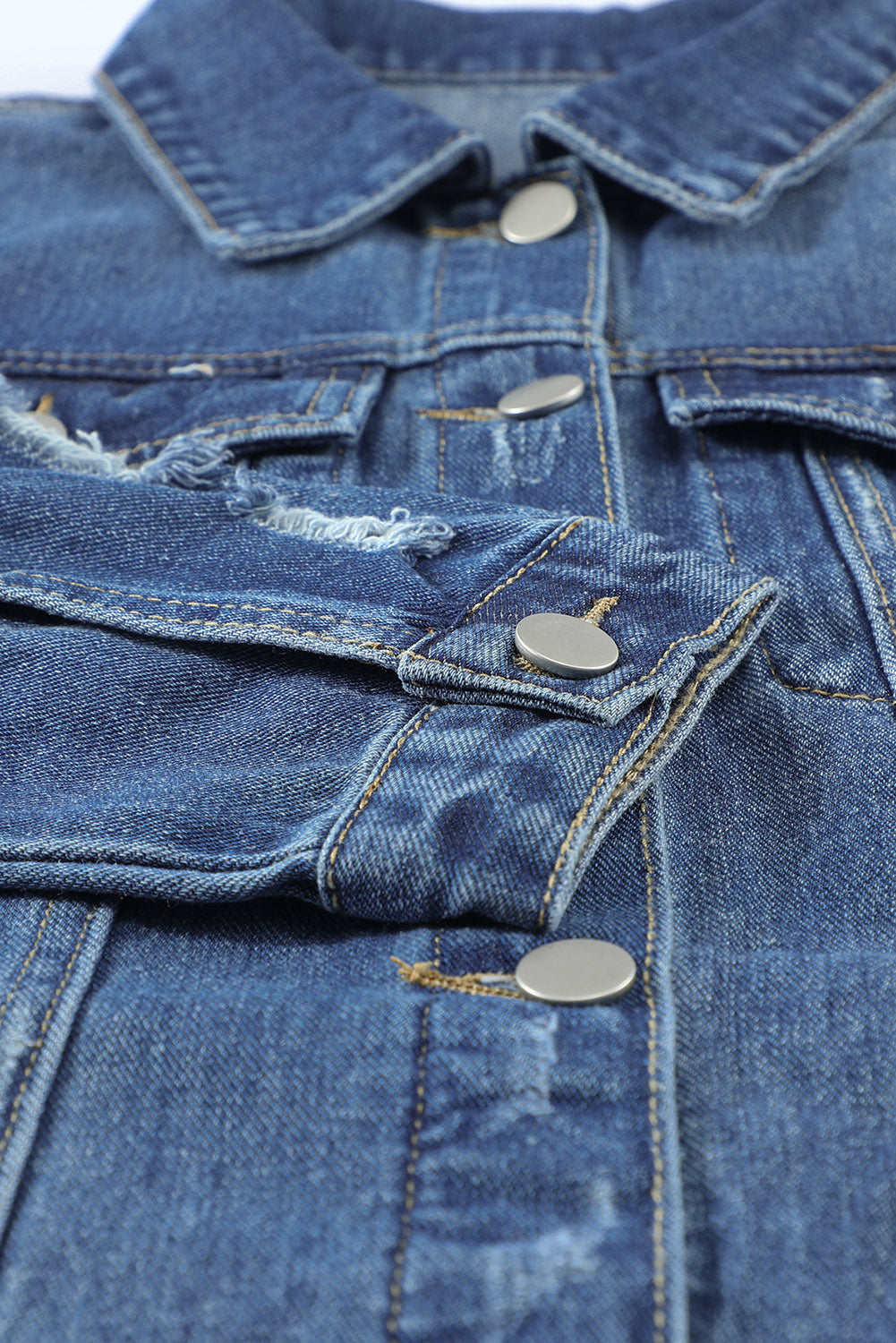 Blue Lapel Distressed Raw Hem Buttons Denim Jacket