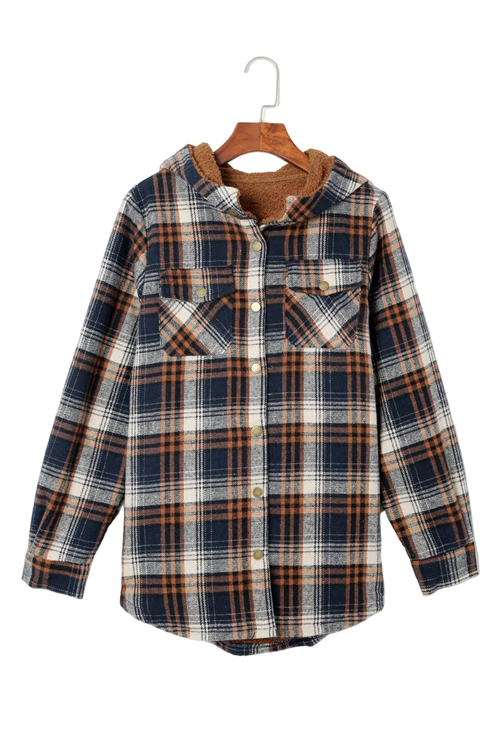 Blue Plaid Pattern Sherpa Lined Hooded Shacket