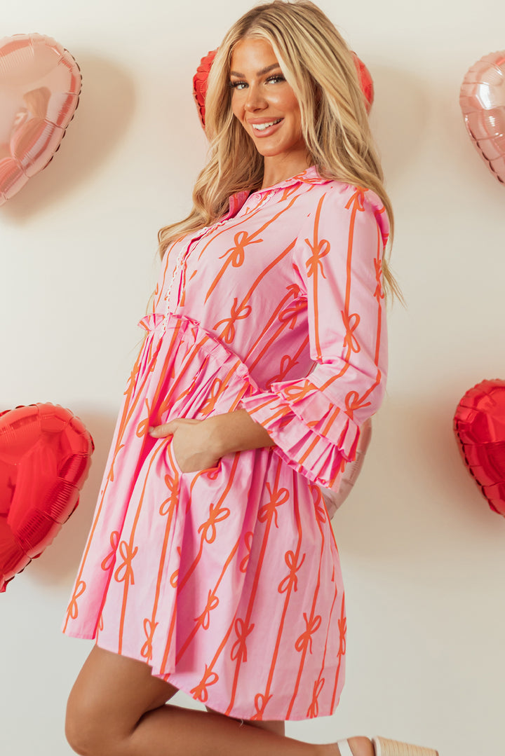 Pink Bowknot Striped Printed Tiered Ruffled Mini Shirt Dress