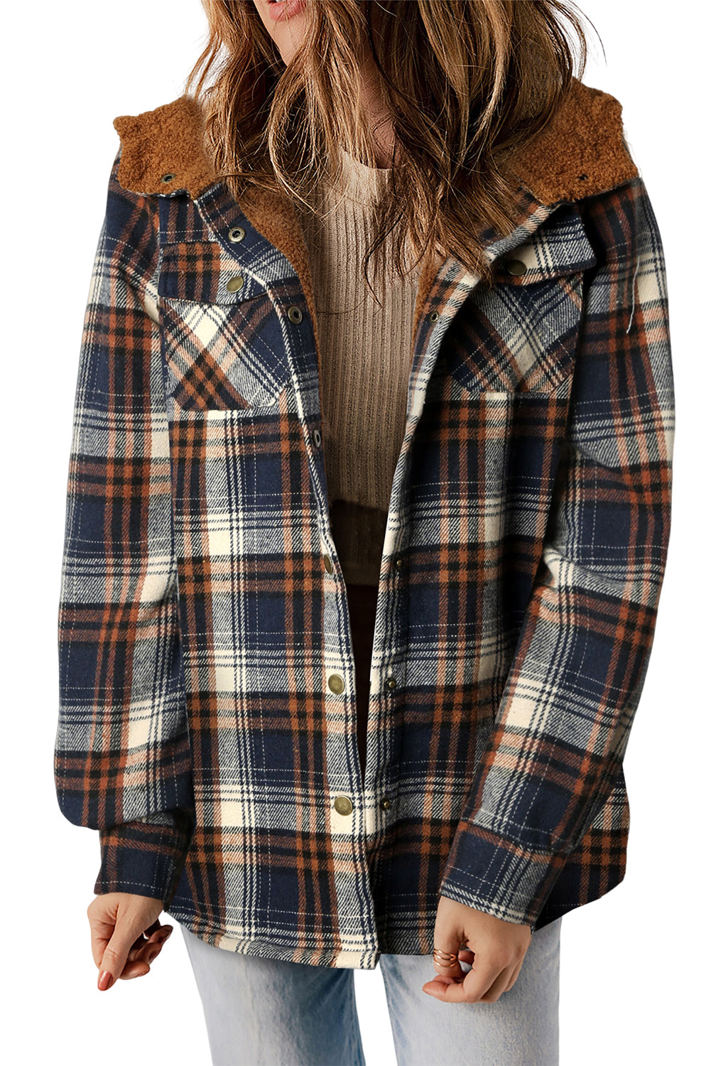 Blue Plaid Pattern Sherpa Lined Hooded Shacket