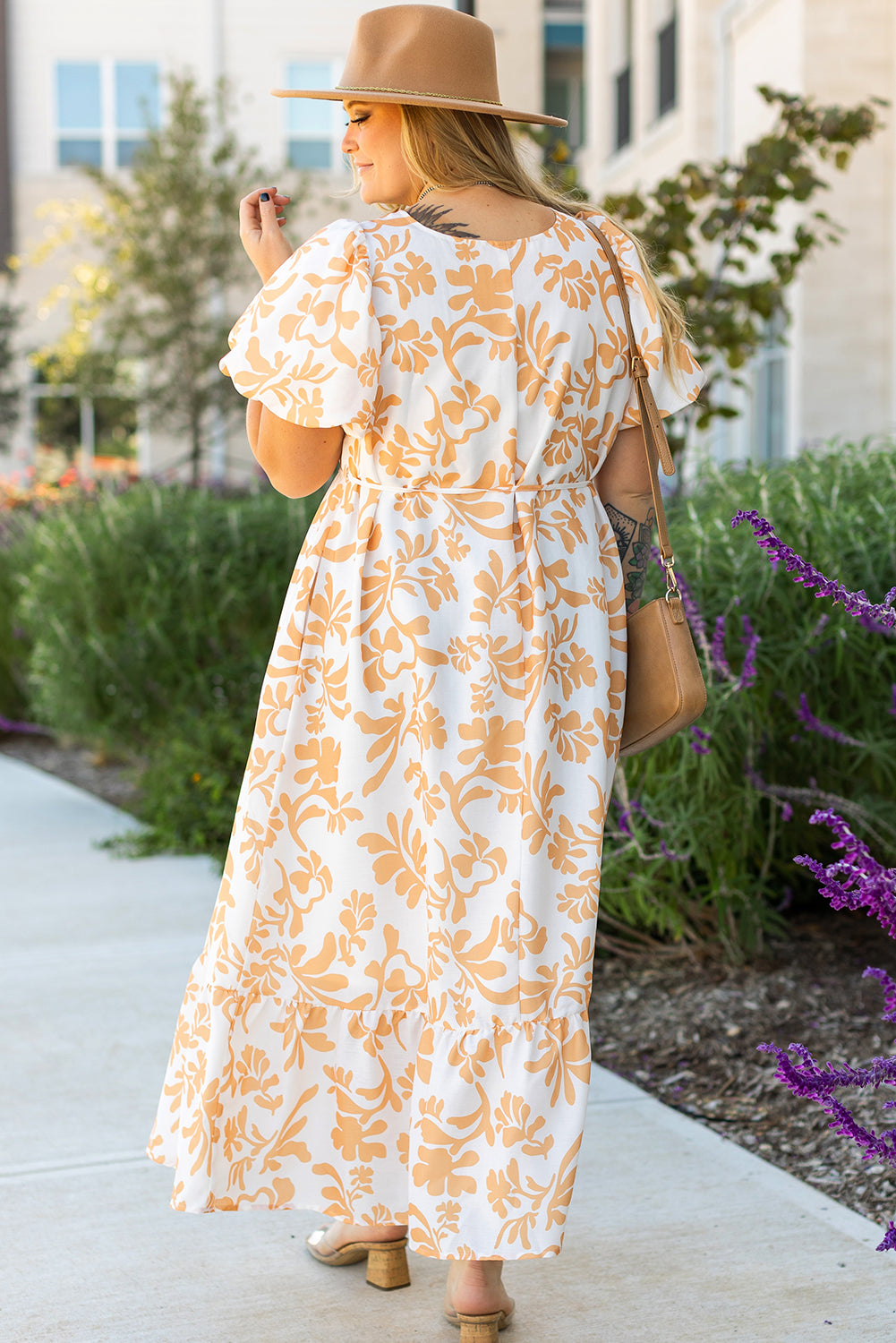 Apricot Floral Print Puff Short Sleeve Resort Plus Size Maxi Dress