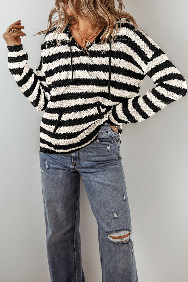 Blue Stripe V Neck Pocketed Drawstring Hooded Sweater