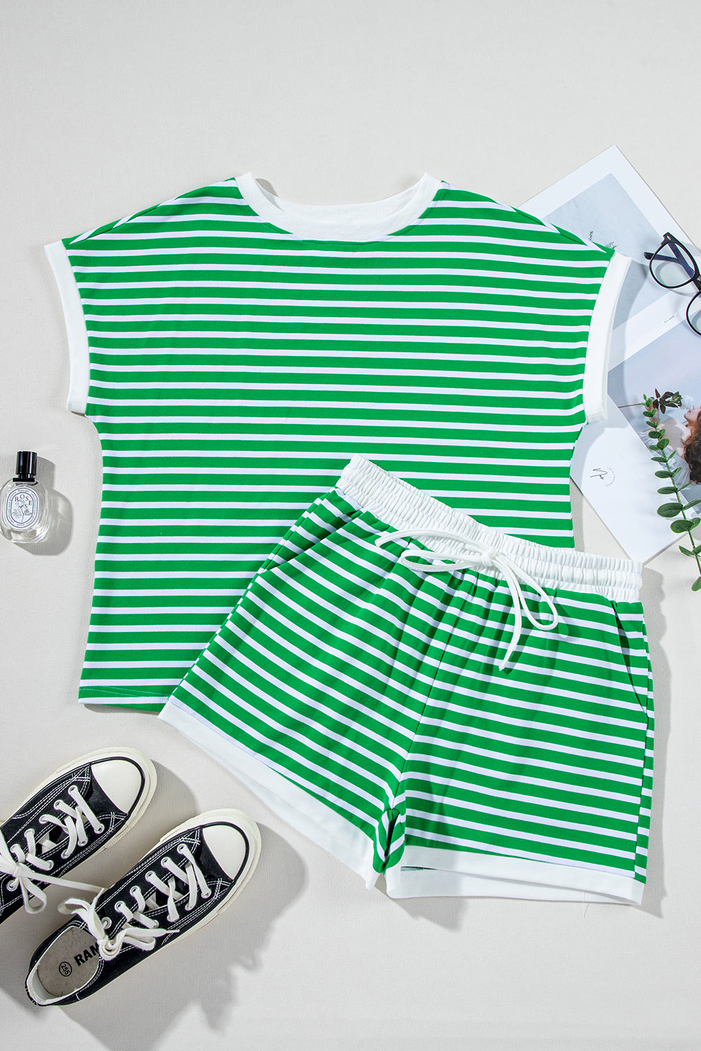 Dark Green Striped Cap Sleeve Tee and Shorts Set