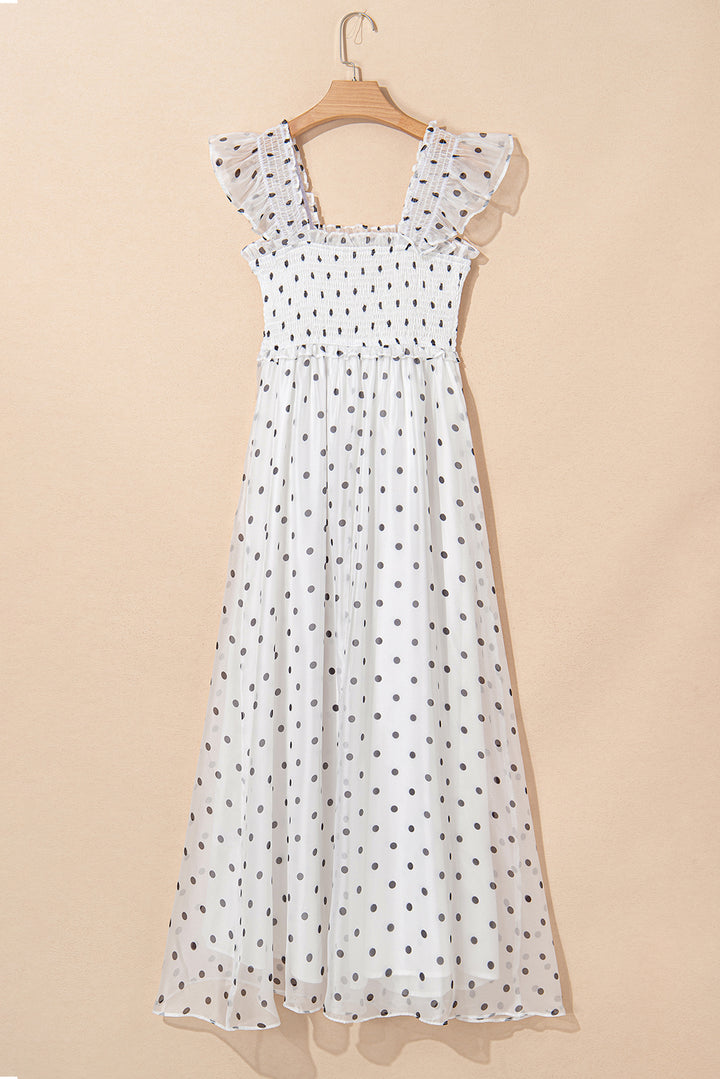 White Polka Dot Flutter Sleeve Square Neck Smocked Maxi Dress