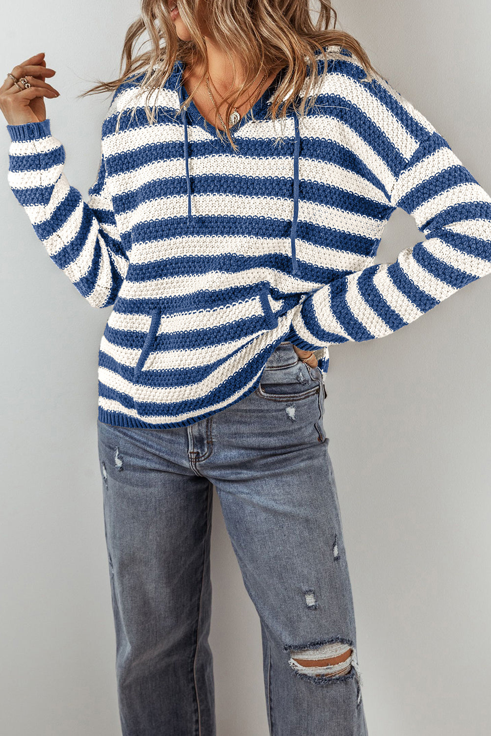 Blue Stripe V Neck Pocketed Drawstring Hooded Sweater