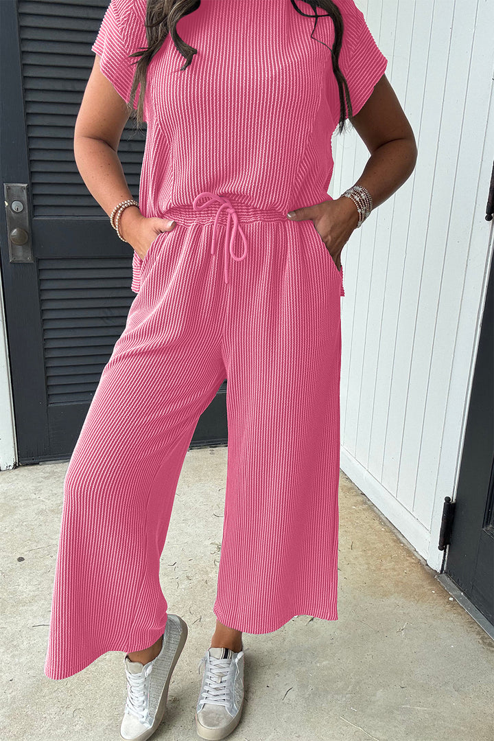 Bright Pink Solid Corded Knit Short Sleeve T Shirt and Wide Leg Pants Set