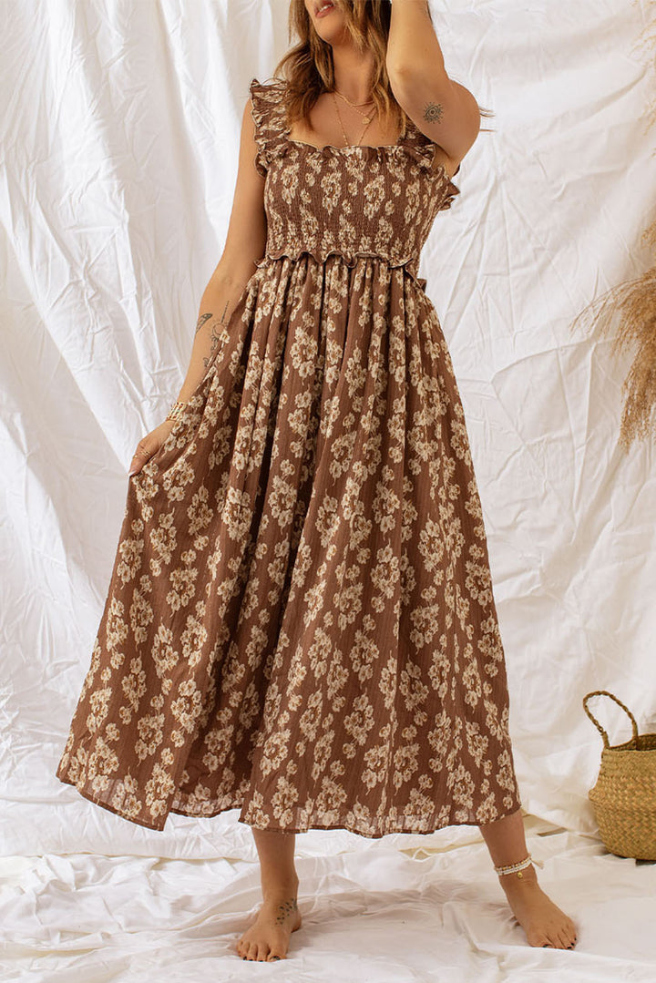 Brown Ruffled Straps Smocked Floral Maxi Dress