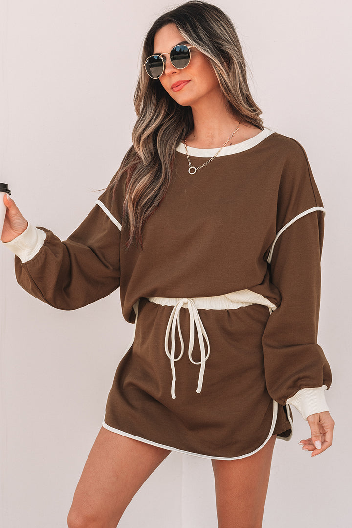 Coffee Color Contrast Loose Pullover and Lace-up Waist Skort Set