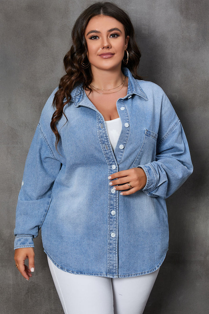 Sky Blue Plus Size Chest Pocket Button-Up Denim Shacket