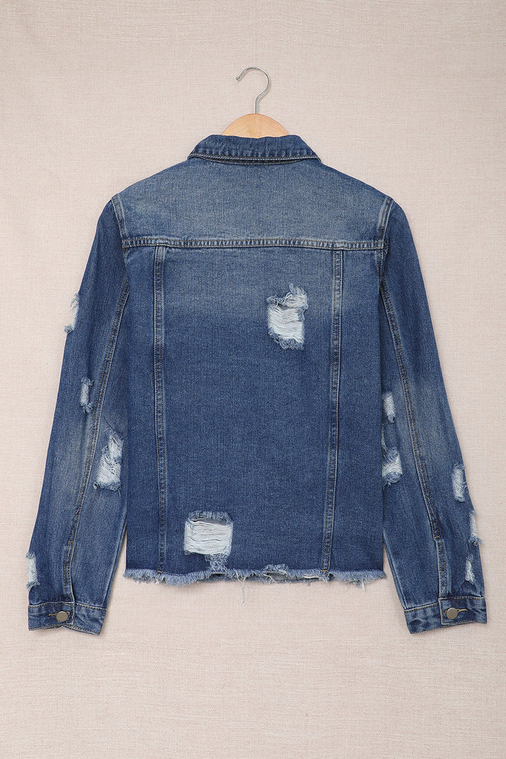 Blue Lapel Distressed Raw Hem Buttons Denim Jacket