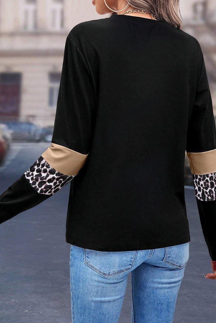 Rose Leopard Colorblock Patchwork Crew Neck Long Sleeve Tee