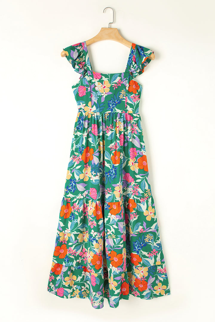 Green Floral Print Sleeveless Ruffle Tiered Maxi Dress